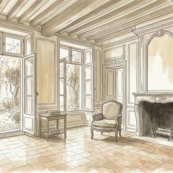 Croquis d'art salon de charme avec poutres apparentes dans le Marais Paris 3e - Walter & de Maison