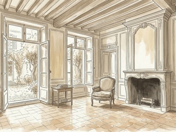 Croquis d'art salon de charme avec poutres apparentes dans le Marais Paris 3e - Walter & de Maison