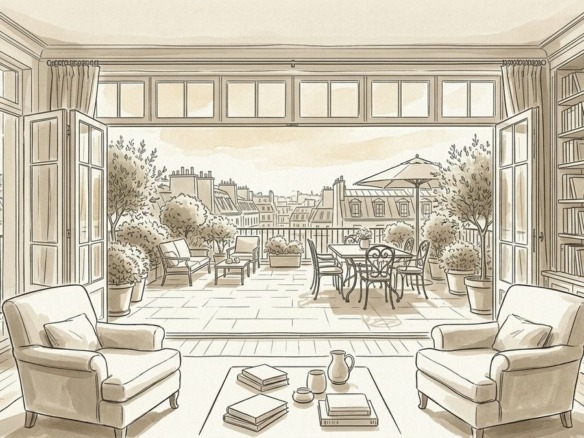 Croquis d'art terrasse et salon familial à Paris 15e - Walter & de Maison