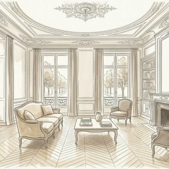 Croquis d'art salon haussmannien en indivision et soulte à Paris 17e - Walter & de Maison