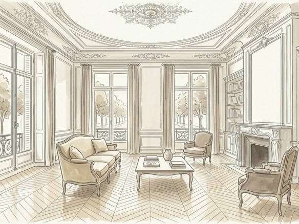 Croquis d'art salon haussmannien en indivision et soulte à Paris 17e - Walter & de Maison