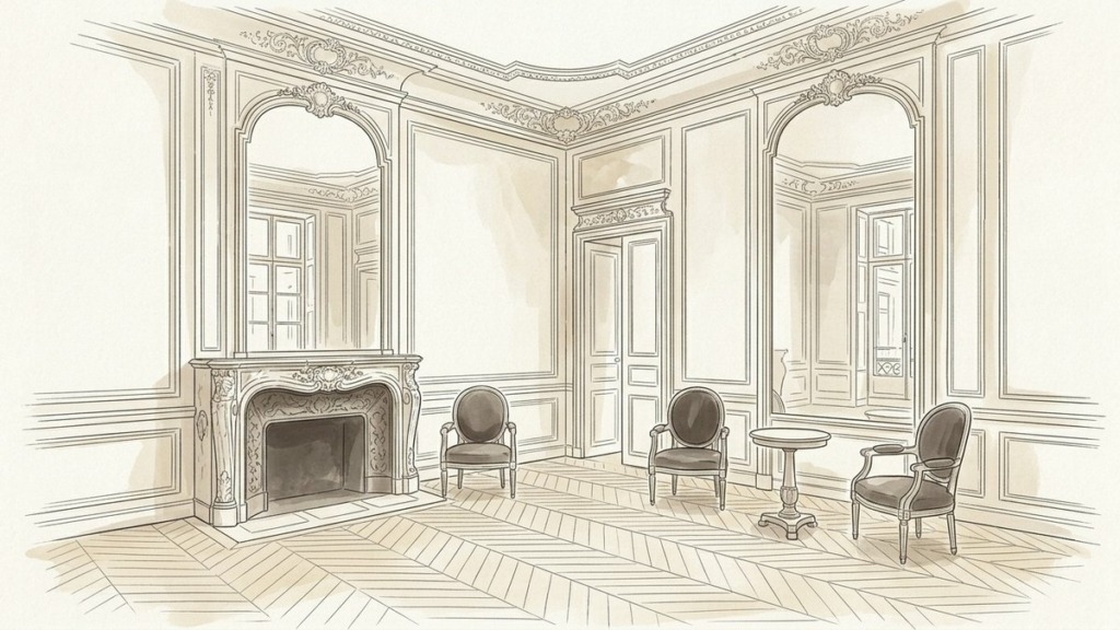 Croquis d'art salon de réception en indivision et soulte à Paris 7e - Walter & de Maison
