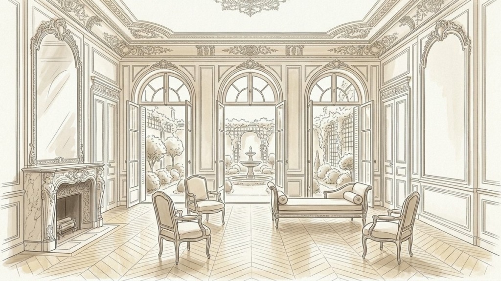 Croquis d'art salon haussmannien en indivision et soulte à Paris 8e - Walter & de Maison