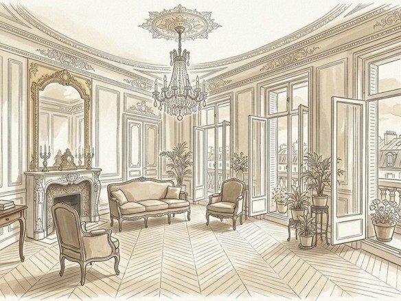 Croquis d'art salon de réception haussmannien et trumeau doré à Paris 8e - Walter & de Maison