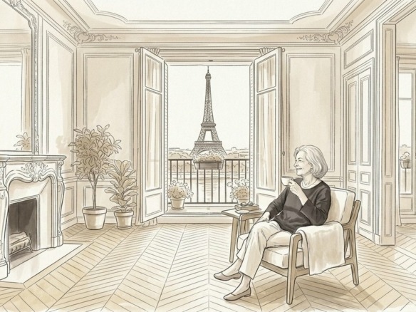 Croquis d'art salon de réception haussmannien et vue Tour Eiffel à Paris 16e - Walter & de Maison