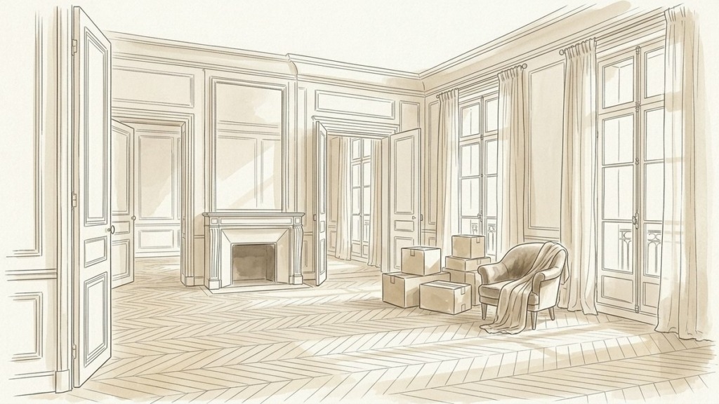 Croquis d'art grand appartement bourgeois en transition et vente sous protection juridique à Paris 16e - Walter & de Maison