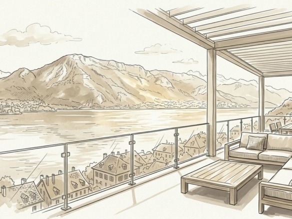 Croquis d'art terrasse et vue panoramique lac d'Annecy - Walter & de Maison