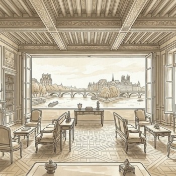 Croquis d'art salon noble avec vue plongeante sur la Seine Île Saint-Louis Paris 4e - Walter & de Maison