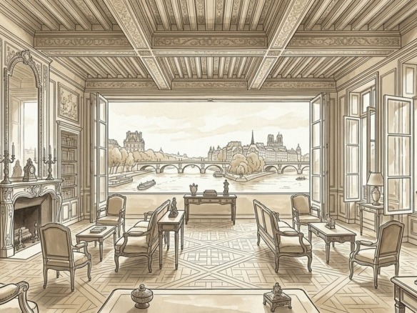 Croquis d'art salon noble avec vue plongeante sur la Seine Île Saint-Louis Paris 4e - Walter & de Maison