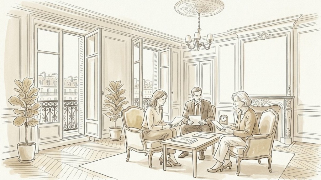 Croquis d'art consultation patrimoniale et arbitrage entrée en EHPAD à Paris 16e - Walter & de Maison