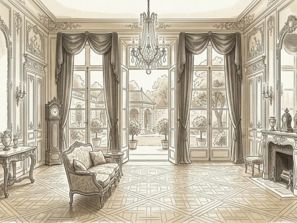 Croquis d'art salon d'apparat boiseries et jardin privatif à Paris 7e - Walter & de Maison