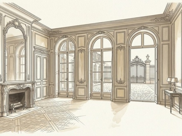 Croquis d'art salon d'époque parquet Versailles et boiseries - Walter & de Maison