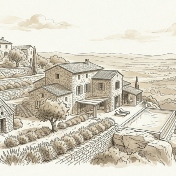 Croquis d'art bastide en pierre sèche avec vue dominante sur le Luberon à Gordes - Walter & de Maison