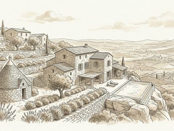 Croquis d'art bastide en pierre sèche avec vue dominante sur le Luberon à Gordes - Walter & de Maison