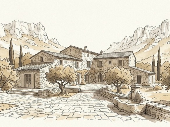 Croquis d'art mas provençal en pierre et oliveraie à Saint-Rémy-de-Provence - Walter & de Maison