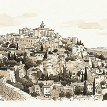 Croquis architectural paysager du village de Gordes et des coteaux du Luberon - Walter & de Maison