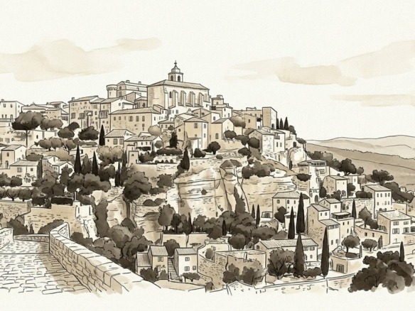 Croquis architectural paysager du village de Gordes et des coteaux du Luberon - Walter & de Maison