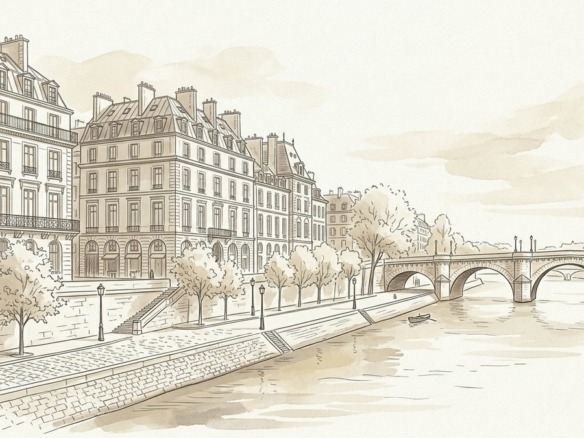 Croquis d'art perspective monumentale de l'Île Saint-Louis et Place des Vosges à Paris 4e - Walter & de Maison