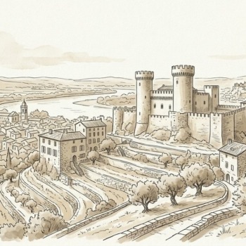 Croquis architectural et paysager de Villeneuve-lès-Avignon, Fort Saint-André et vue Avignon - Walter & de Maison