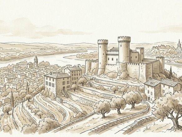 Croquis architectural et paysager de Villeneuve-lès-Avignon, Fort Saint-André et vue Avignon - Walter & de Maison