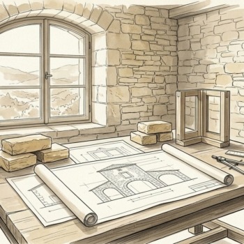 Croquis d'art rénovation thermique et bâti traditionnel en pierre à Gordes - Walter & de Maison