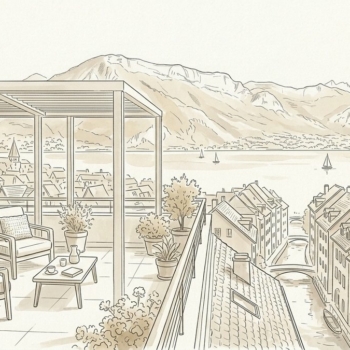 Croquis d'art terrasse en attique surplombant les toits et le lac d'Annecy pour transition résidentielle