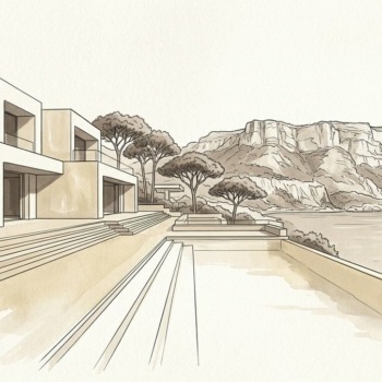 Croquis d'art terrasse et villa avec vue panoramique sur le Cap Canaille à Cassis - Walter & de Maison