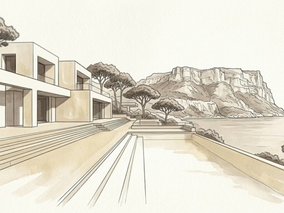 Croquis d'art terrasse et villa avec vue panoramique sur le Cap Canaille à Cassis - Walter & de Maison